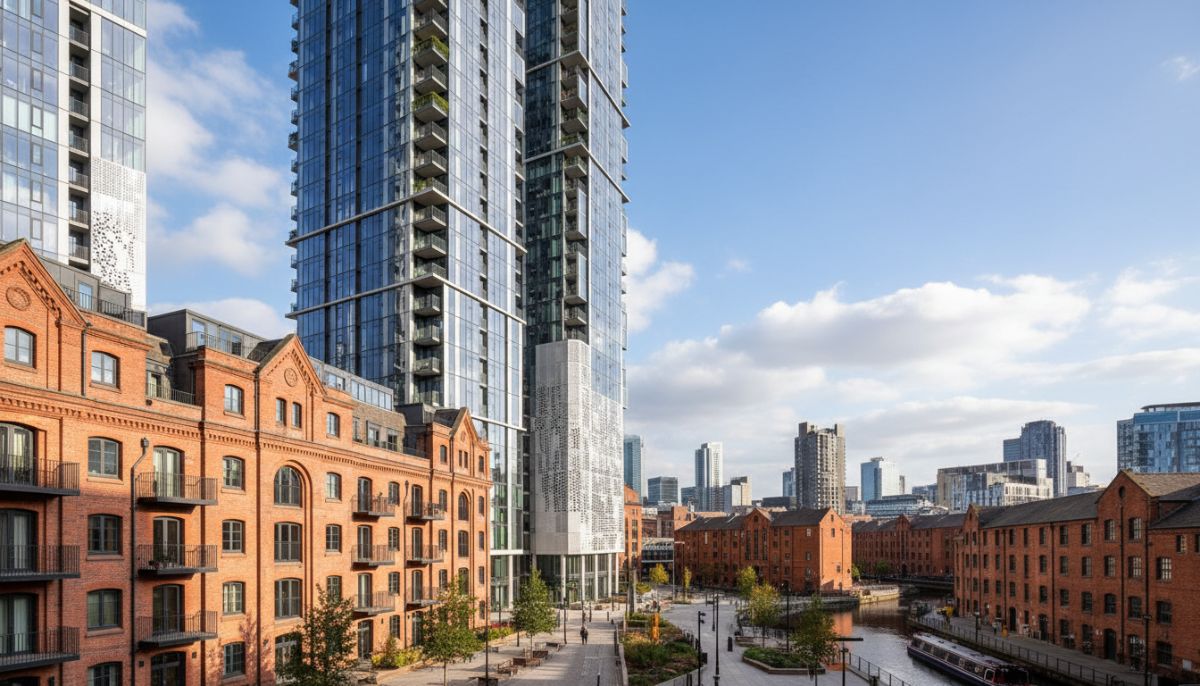 A cinematic, high-resolution shot of a modern residential development in a rejuvenated UK city like Manchester, featuring a mix of red-brick heritage and contemporary glass architecture under a clear blue sky.