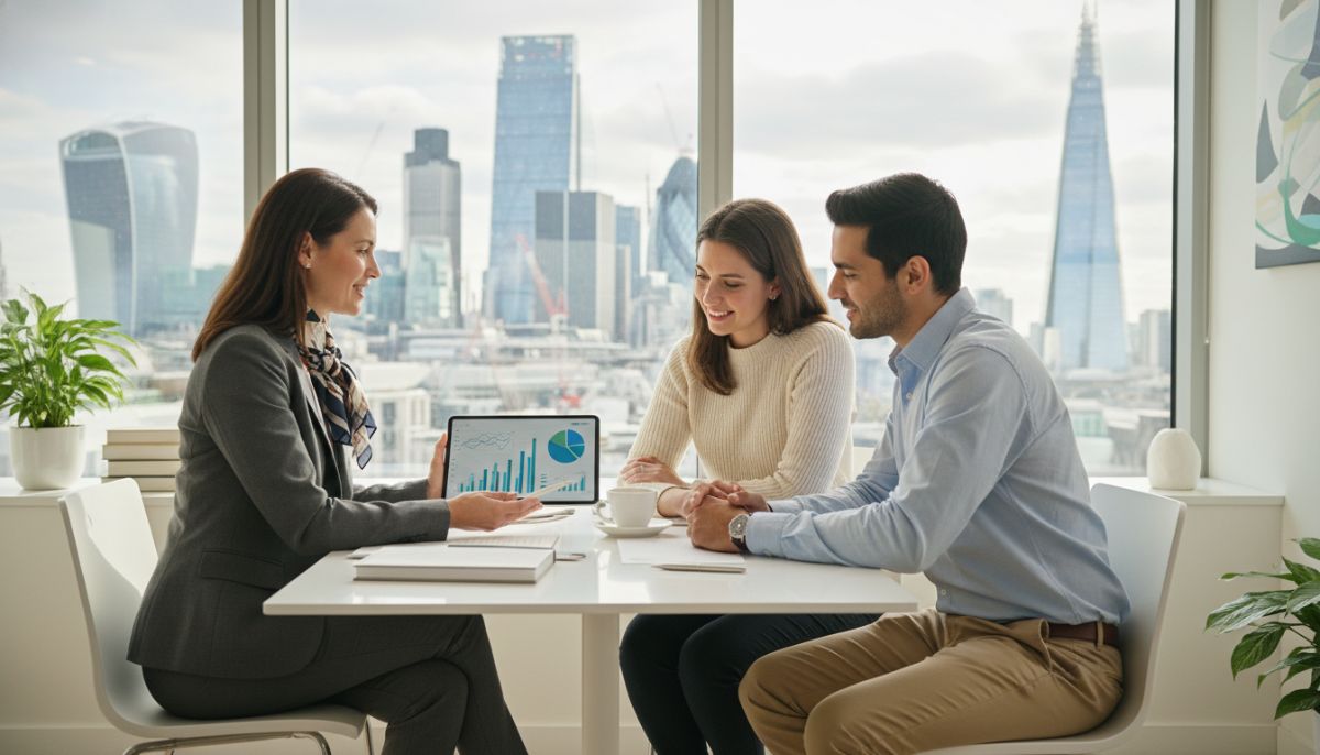 A professional tax advisor sitting in a bright, modern London office with a view of the City skyline, discussing financial charts on a digital tablet with an expat couple who are looking relaxed and informed.