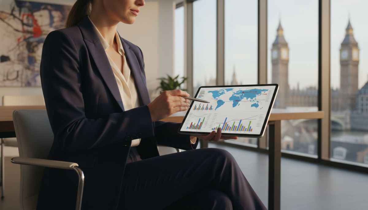 A sophisticated financial advisor pointing at a digital tablet showing diverse global investment charts, sitting in a bright modern office with Big Ben and the Houses of Parliament blurred in the background, professional cinematic lighting.