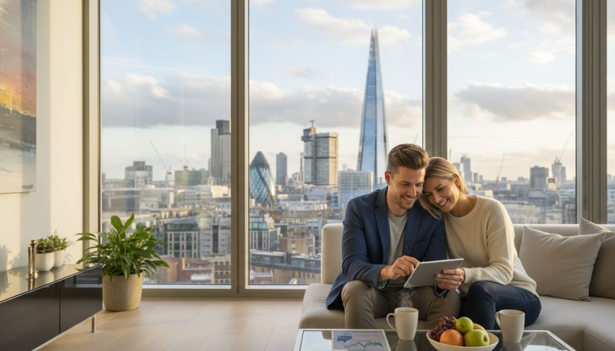 A professional expat couple sitting in a bright, modern London apartment, looking at a digital tablet together with a view of the City skyline and the Shard through the window, appearing relaxed and secure.