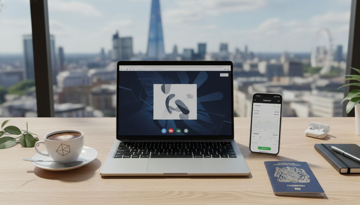 A professional top-down view of a modern workspace featuring a sleek laptop, a smartphone displaying a banking app interface, a UK passport, and a cup of specialty coffee on a bright oak desk, symbolizing a digital nomad lifestyle in London.
