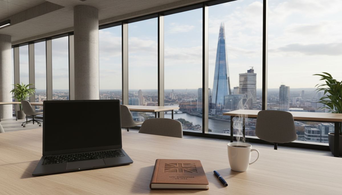 A professional modern office space in London with a view of the Shard through a large window, featuring a sleek laptop on a minimalist wooden desk, a leather notebook, and a cup of steaming coffee, symbolizing a new business start in the UK.