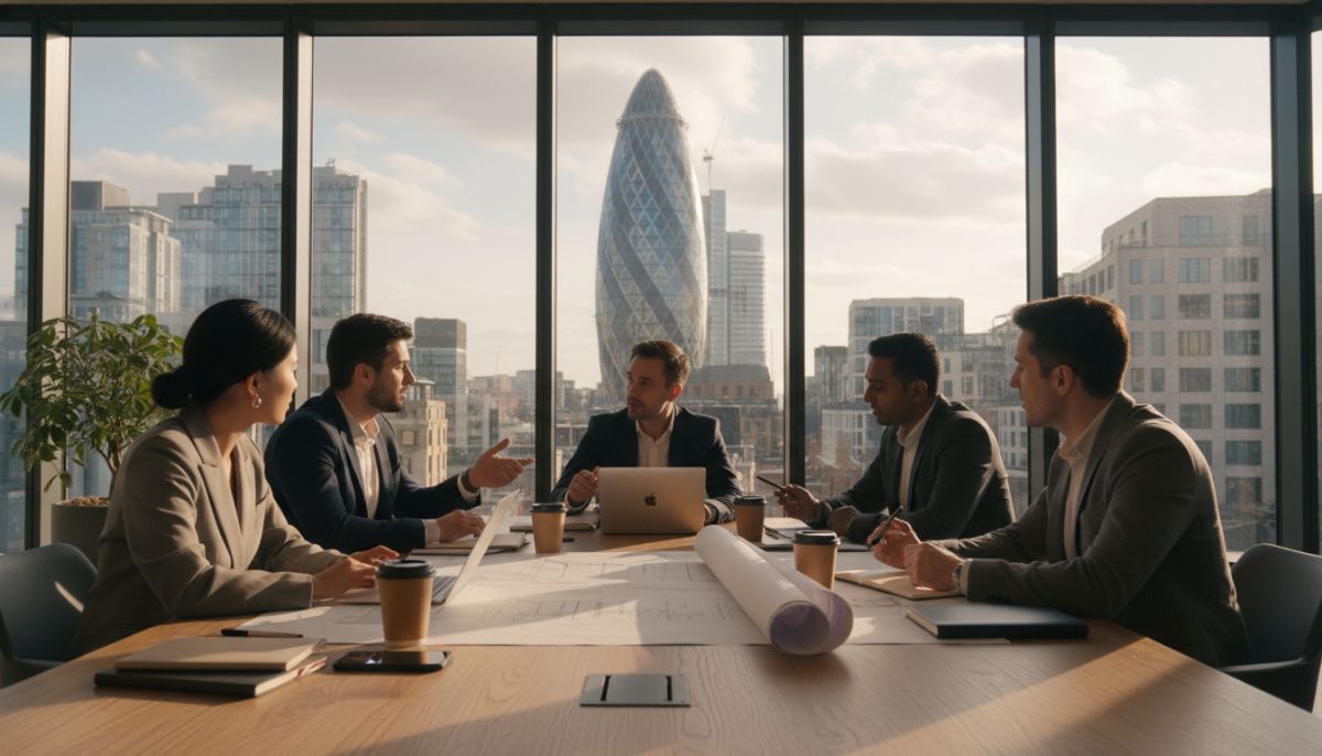 A diverse group of professional entrepreneurs in a modern, glass-walled London co-working space, overlooking the Gherkin skyscraper, engaged in a collaborative strategy meeting with laptops and architectural sketches on a wooden table.