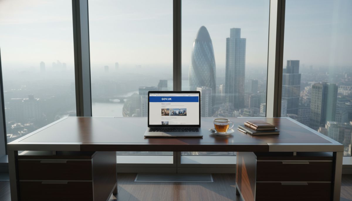 A sleek, modern office desk in a London skyscraper featuring a laptop showing a UK government website, a cup of Earl Grey tea, and a view of the Gherkin building in the background, soft morning light, 8k resolution