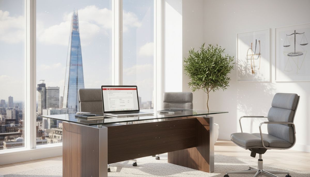 A professional legal office setting in London with a modern desk, a laptop showing a UK visa application form, and a view of the Shard through the window, bright and airy atmosphere.
