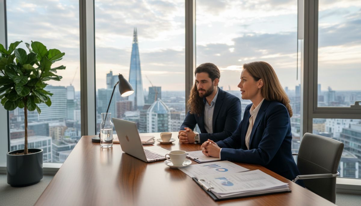 A professional accountant meeting with a young expat couple in a modern London office overlooking the city skyline, featuring a laptop, coffee, and financial documents on a sleek desk.