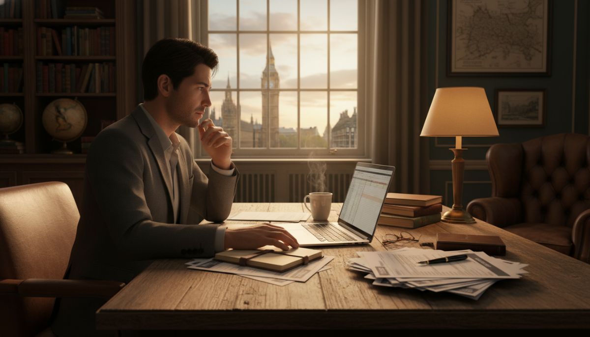 A professional person sitting at a rustic wooden desk in a London apartment, looking at a laptop and paper tax forms with a view of the Big Ben through the window, warm and scholarly atmosphere, high-quality photography style.