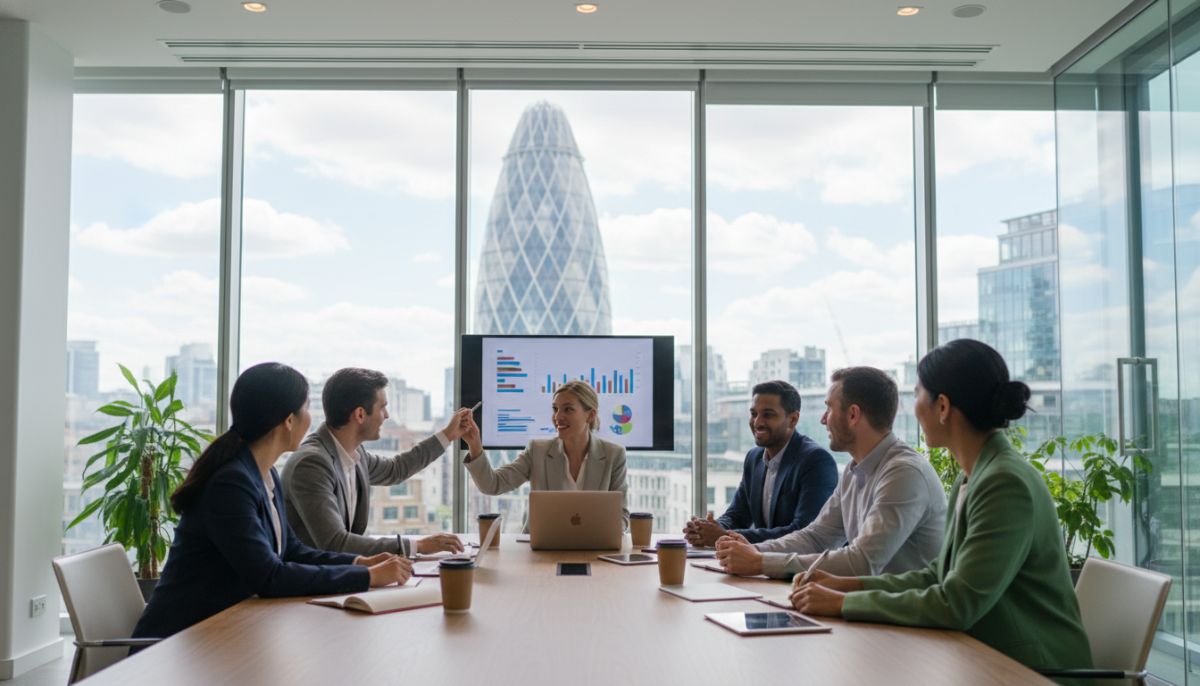 A diverse group of professional business people in smart-casual attire having a meeting in a bright, modern glass-walled office in London, with the iconic Gherkin building visible in the background.