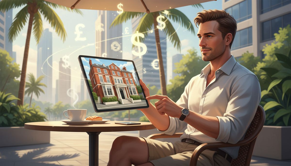 A professional digital illustration of a British expat sitting in a sunny cafe in Dubai or Singapore, looking at a tablet showing a 3D model of a classic London townhouse, with currency symbols like GBP, USD, and EUR floating subtly in the background.