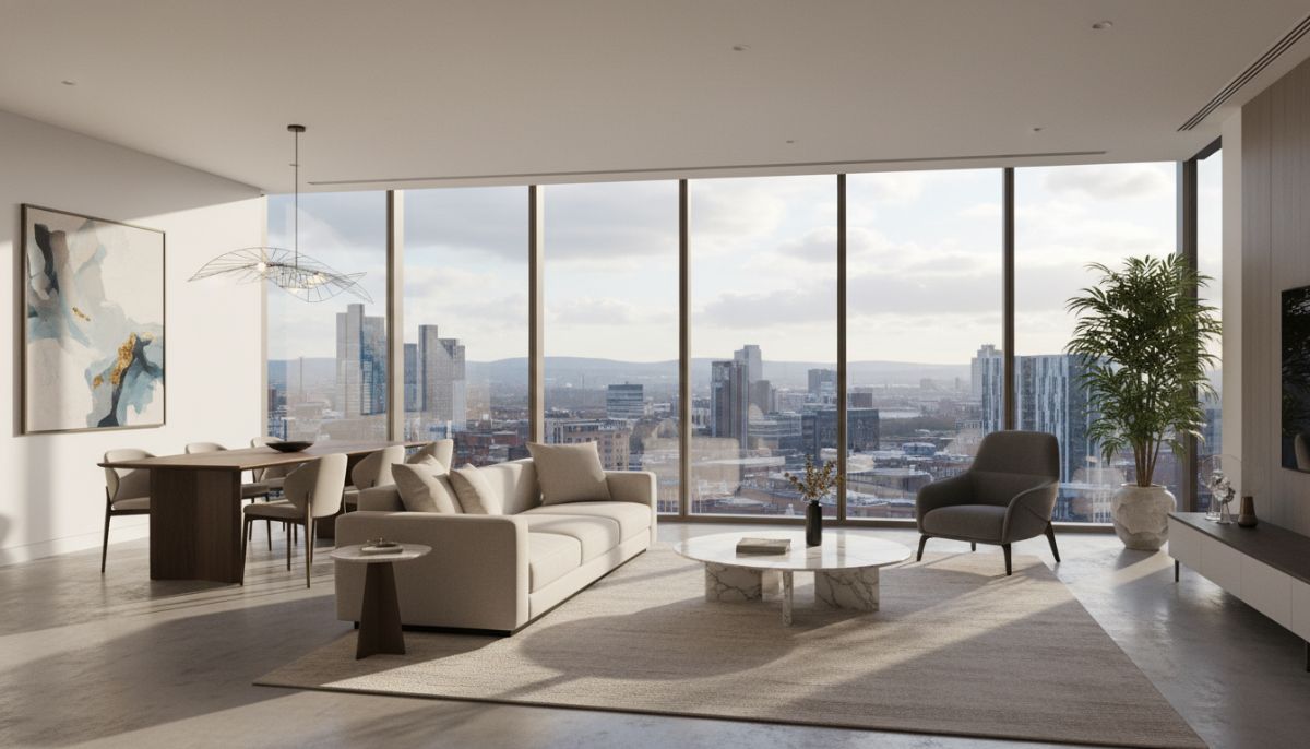 A professional modern interior of a luxury apartment in Manchester with large windows overlooking the city skyline, sunlight streaming through, high-end minimalist furniture, 8k resolution.